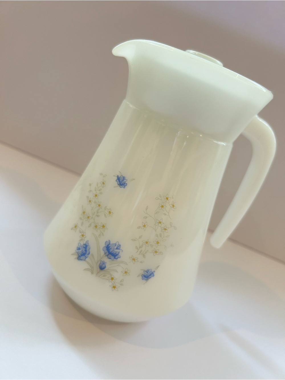 Vintage Arcopal France Milk Glass Coffee Pot Pitcher Romantique Blue Myosotis